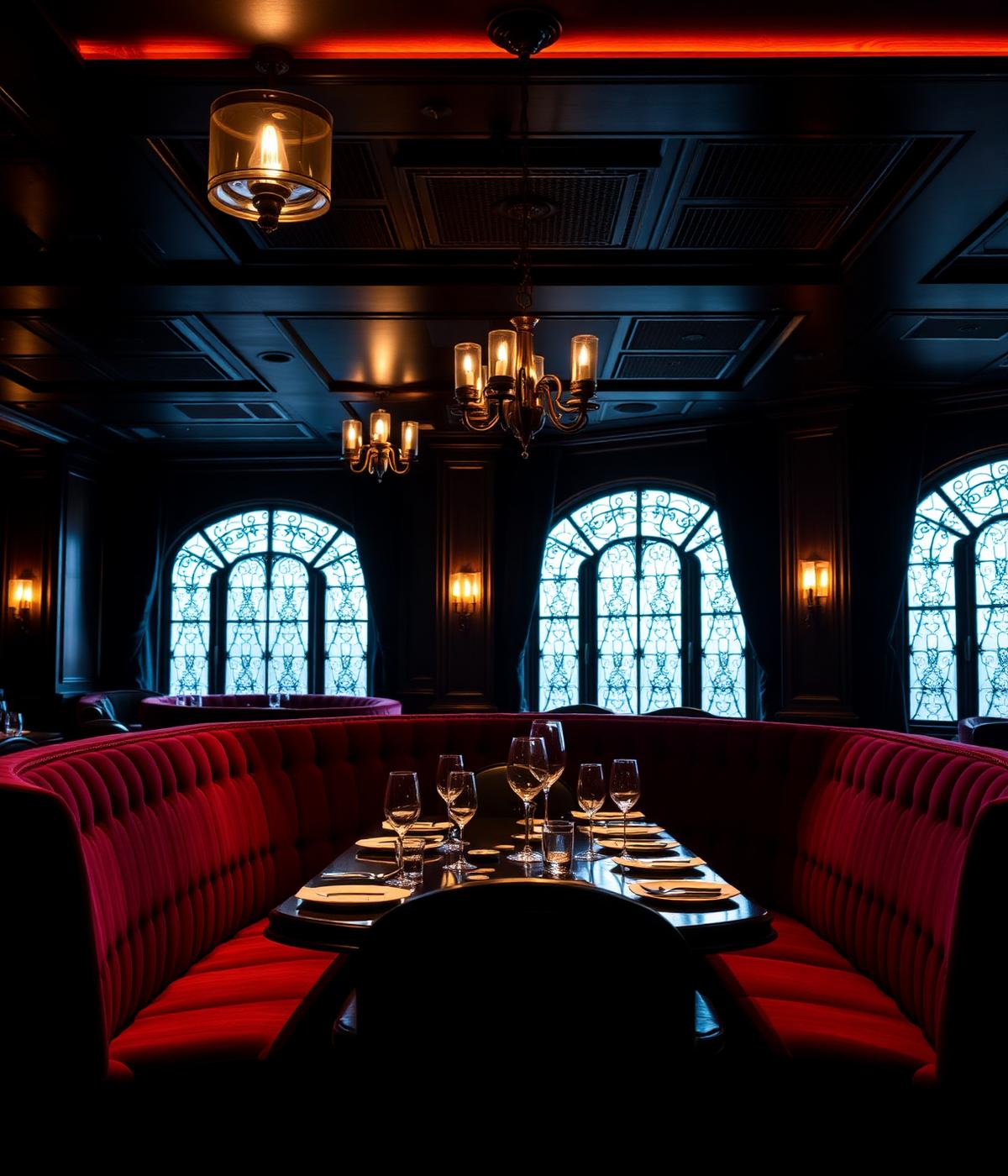 Dark dining room with red velvet banquettes